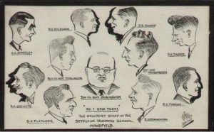 Sketches of staff at the Detective Training School, Wakefield, signed WJ Miller Nov 1947